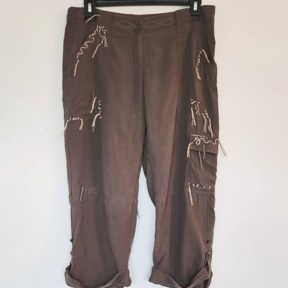 Gianni Bini Silk Pants Capri Cargo Y2k Boho Hippie Artsy Handstitch Details Sz 6